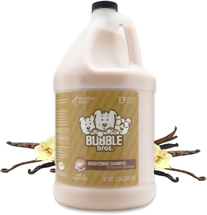 Bubble Bros. Whitening and Brightening Dog Shampoo for All Coats, 1 Gallon | 12:1 Concentrate, Brightens All Coat Colors, Restores Shine and Moisture, Vanilla Scent, Pet Grooming Wash, Groomer Grade