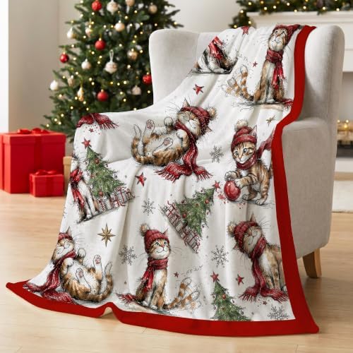 Christmas Fleece Blanket, Red Cat Christmas Trees Throw Blanket by CusugbasoHomeDecor