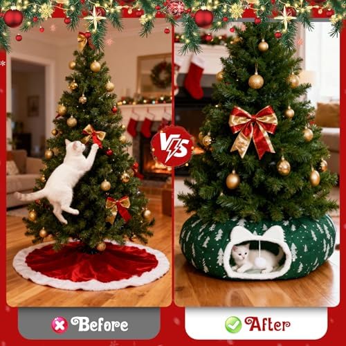 Cat Tunnel Bed Under Christmas Tree, Christmas Tree Skirt for Indoor Cats, Green - Image 3