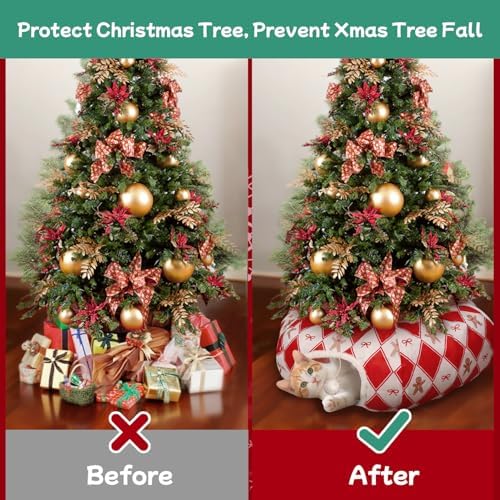 Plaid Cat Tunnel Christmas Tree Skirt, Multifunctional Christmas Tree Protector Cat Washable Indoor Cat Donut Cave Bed Kitty Hideout Tubes for Small Animal,32"×10" - Image 2