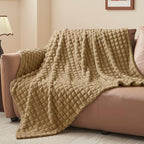 BEDELITE 3D Checked Camel Fleece Throw Blanket for Couch, 50x70 Inch - Image 2