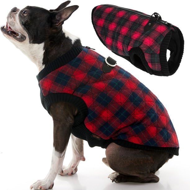 Gooby Fashion Vest Check Dog Jacket - Red Check, Medium - Warm Zip Up Bomber Vest with Dual D Ring Leash - Winter Water Resistant Small Dog Sweater