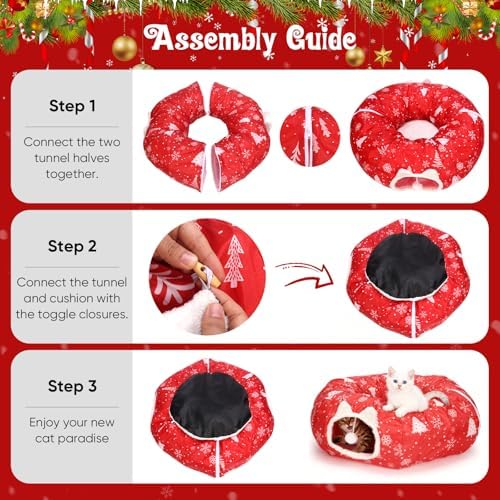 Cat Tunnel Bed Under Christmas Tree, Cat Tunnel Christmas Tree Skirt for Indoor Cats, Donut Tunnel Toys for Multiple & Large Carts, for Kitten, Rabbit, Puppy, Red Snowflake - Image 5