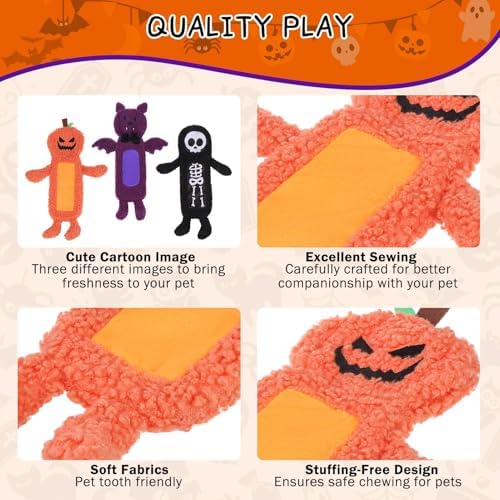 SCENEREAL Stuffless Halloween Dog Squeaky Toys for Small Medium Dogs, Crinkle Puppy Chew Toy, 3 Pack Cute Animals Shape Soft Pet Plush Teething Toys(Skeleton & Pumpkin & Bat) - Image 3