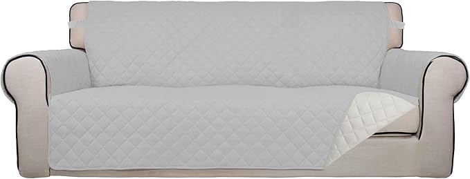 PureFit Reversible Quilted Sofa Cover, Water Resistant Slipcover Furniture Protector, Washable Couch Cover with Non Slip Foam and Elastic Straps for Kids, Pets (Sofa,Light Gray/Ivory) Large | Light Gray/Ivory, Water Resistant Couch Protector, Washable ...