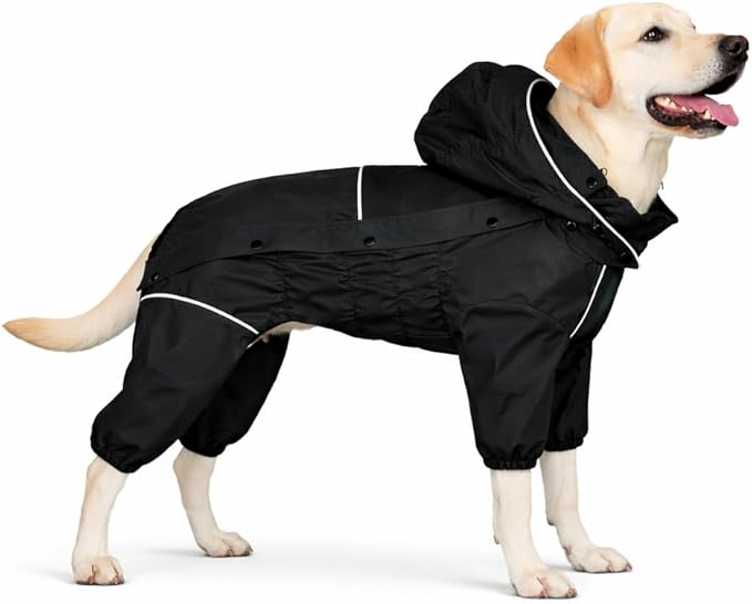 LOVELONGLONG Waterproof Dog Raincoat with Removable Hood – Outdoor Full Body Dog Jacket, Windproof Snowproof Shell Suit – All Season Pet Rain Gear Black XL