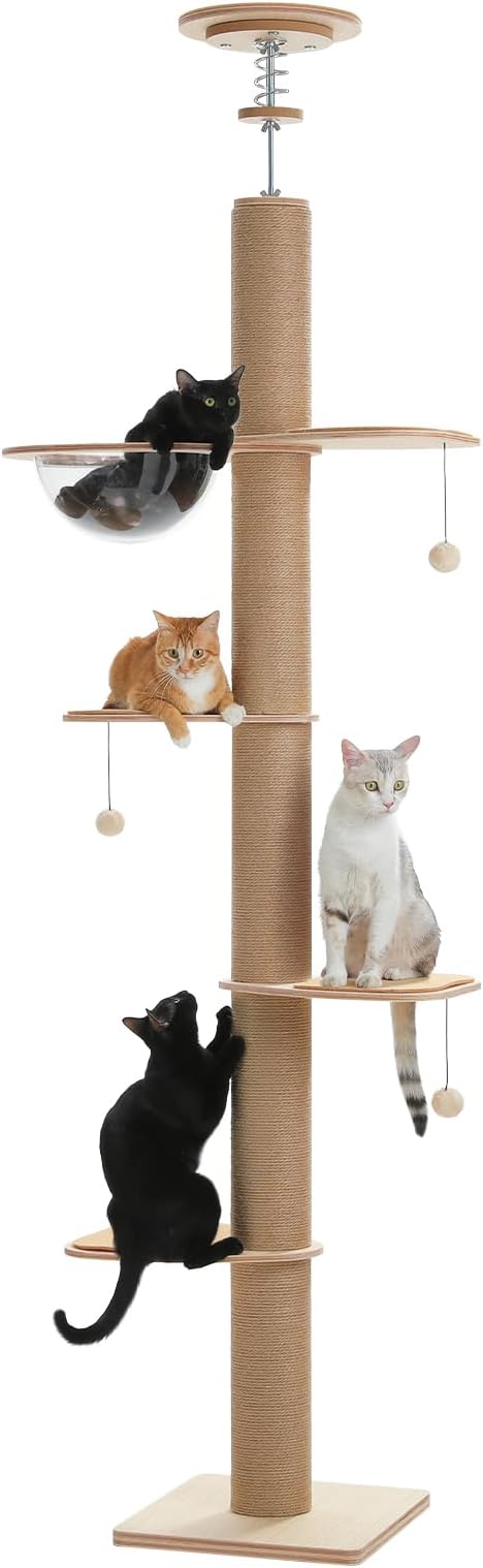 PETEPELA Floor to Ceiling Cat Tree, 79-103'' Adjustable Wood Tower, Beige | Tall wooden cat tower for indoor cats; 4'' all-sisal posts, acrylic bowl & pompom; tension top & wide base add steadiness