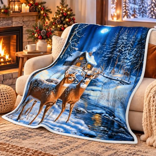 Christmas Throw Blanket, Winter Deer Snow Forest Holiday Theme Blanket for Couch and Bed, Warm Cozy Winter Cabin Throw, Super Soft, 50x60 Inch, Blue by Boziqr