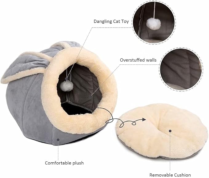 Cat Beds for Indoor Cats-Rabbit-Shaped Cat Cave Bed with Hanging Toy,Grey M | Super Soft Calming cat Tent house for Kitten&Puppy,Warm Plush&Machine Washable&Removable Cushioned Pad,Cute cat Hideaway