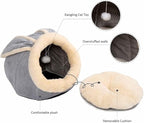 Cat Beds for Indoor Cats-Rabbit-Shaped Cat Cave Bed with Hanging Toy,Grey M | Super Soft Calming cat Tent house for Kitten&Puppy,Warm Plush&Machine Washable&Removable Cushioned Pad,Cute cat Hideaway