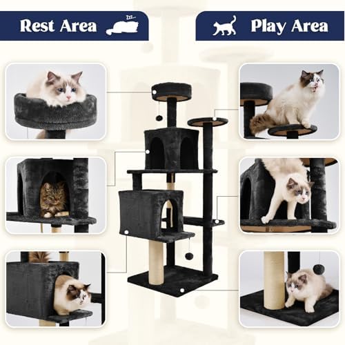 58.5inch Large Cat Tree Tower Condo for Indoor Cats, Soft Plush Multi-Level Climbing Tree Cat House, Scratching Post, More Entrance/Exit, Sisal Rope, Black - Image 4