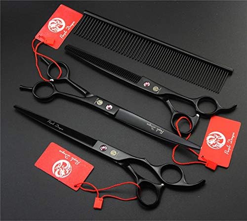 Purple Dragon 8 inch Dog Grooming Scissors Set with Anti-Shock Bag - Black | Japanese 440C Steel Pet Grooming Shears, Comfortable Grip, Includes Curved, Straight & Thinning Scissors with Silencer