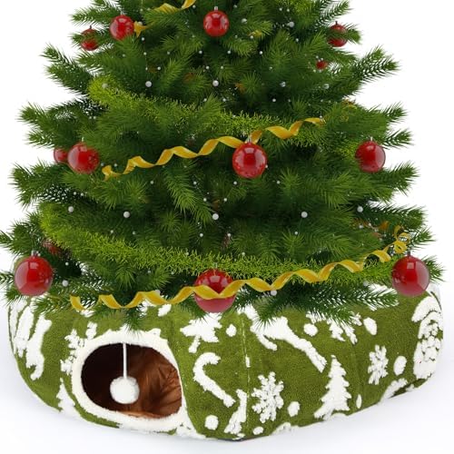 Cat Tunnel Christmas Tree Skirt 3 ft x 3 ft x 10 Inch Cat Bed Donut Cave Indoor Fluffy Circular with Mat and Ball Playground Toys for Festive Kitten Puppy Ferret Rabbit(Green,Elk) by Yeyeplum