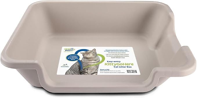 KittyGoHere 2.0 Easy-Entry Cat Litter Box – Large Open-Top Low Entrance Litter Pan with Higher Sides & Two Entrances – Ideal for Senior & Arthritic Cats – Made in USA (Grey) | Large Open - Top Low Entrance Litter Pan With Higher Sides & Two Entrances D...