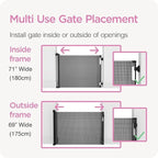 Retractable Baby Gate Perma Child Safety 33" Tall x 71” Wide, Mesh, for Stairs, Doorways, Dogs, Pets, Indoor, Outdoor, One-Handed Operation, Locking, Easy Install, Hardware Mount, White