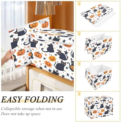Bolaz Storage Bins with Lids and Handles,Black Cat Pumpkin Pattern Storage Box Basket with Cover Collapsible Organizer Containers for Home Closet, Shelves - Image 4