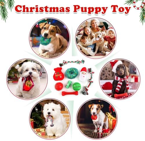 Christmas Dog Toys 9 Pack, Luxury Santa Puppy Chew Toy, Cotton Squeaky Plush Toys for Small Dogs, Durable Interactive Rope Treat Dog Ball and Bones, Rubber Teething Toys for Dogs Gifts - Image 7