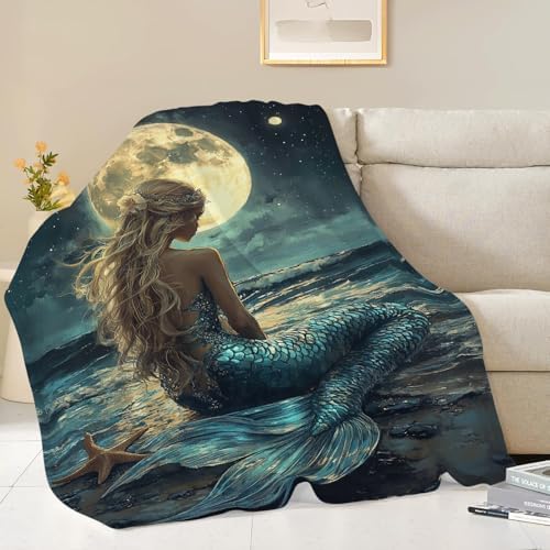 Mermaid Throw Blanket Beach Moon Night Mermaid Stuff Gifts for Kids Girls Boys Adults Women Men Soft Cozy Warm Plush Fluffy Fuzzy Fleece Blanket Decor 60''X80'' - Image 4