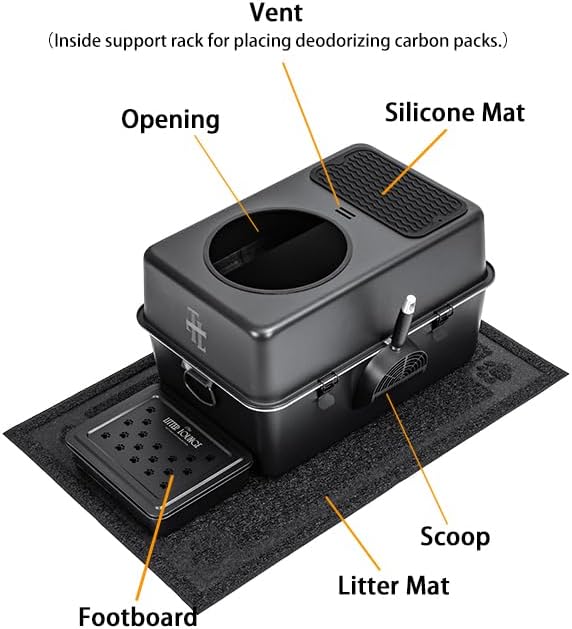 304 Stainless Steel Cat Litter Box, Fully Enclosed Leak-Proof & Rust-Proof Top-Entry XL Litter Box with Metal Scoop, Litter Mat, Side Clamps & Handles for Large Cats (Black, X-Large)
