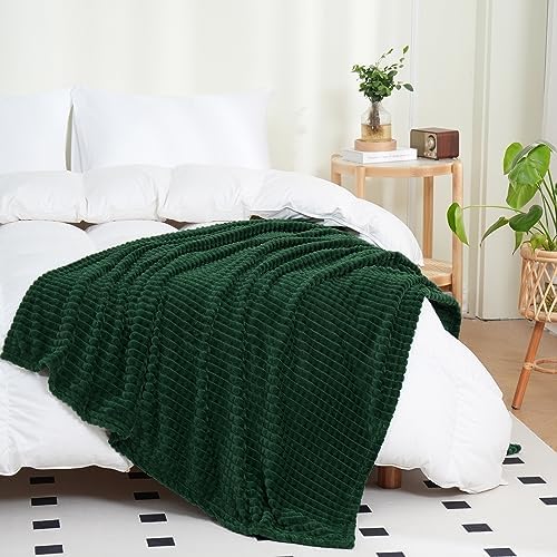 Puncuntex Fleece Throw Blanket Dark Green 90"×90" with Square Grid Design - Image 2