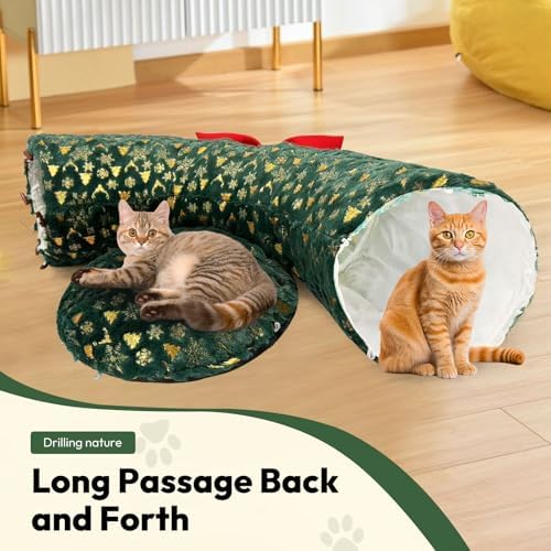 CHUN. F Comfort Green Cat Bed for Christmas Tree – Christmas Themed Cat Tube for Holiday Season –A Big Red Bow - Ultra-Soft Plush Velvet Cute Cat Bed - Image 6