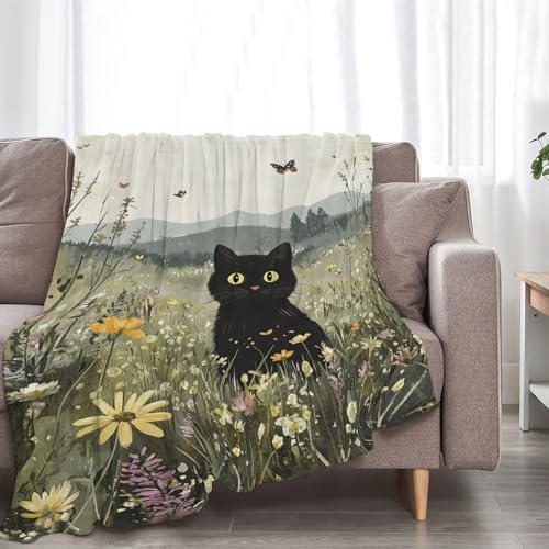 Black Cat Blanket Floral Wildflower Kitten Throw Blankets Gifts for Girls Boys Kids Cat Lover Soft Cozy Fleece Plush for Couch Sofa Bed 80"x60" - Image 5