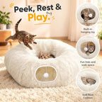 Supet Christmas Cat Tunnel Bed, Plush Tree Skirt with Cushion & Hanging Toy - Image 3