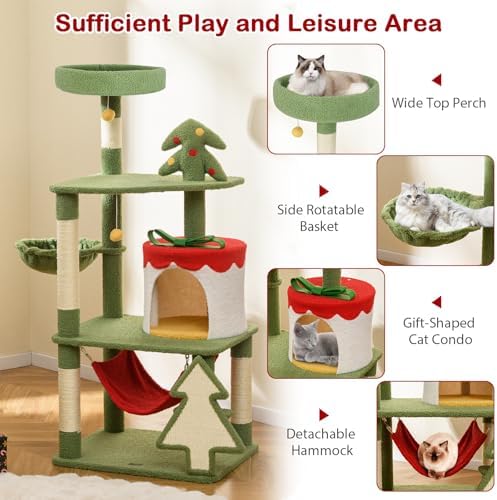 PETSITE 52 inch Cat Christmas Tree, Multi-Level Cat Tower with Sisal Scratching Posts & Board, Cat Condo, Basket Bed, and Detachable Hammock, Cute Cat Tree for Indoor Cats - Image 5