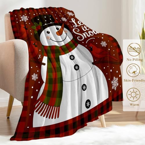Snowman Christmas Decorative Throw Blanket, Cardinal Buffalo Plaid Scarf Print Decoration, Soft Flannel Winter Blankets for Couch Bed Sofa, Holiday Home Decor, Xmas Festival Gifts 50x60 Inch - Image 3