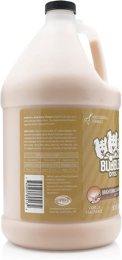 Bubble Bros. Whitening and Brightening Dog Shampoo for All Coats, 1 Gallon | 12:1 Concentrate, Brightens All Coat Colors, Restores Shine and Moisture, Vanilla Scent, Pet Grooming Wash, Groomer Grade