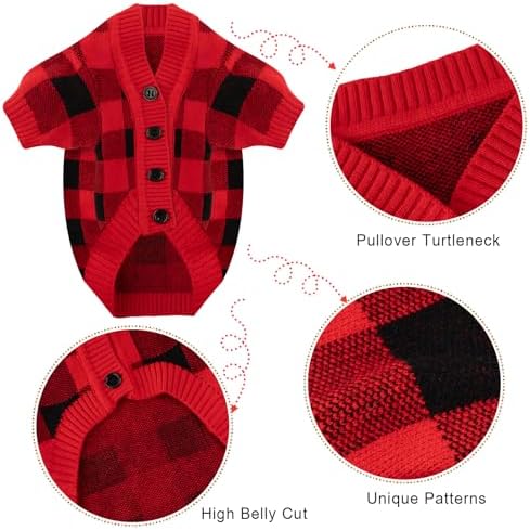 Dog Christmas Sweater Red Plaid Cardigans Dog Christmas Outfit Soft Warm Knitted Pet Clothes Cold Weather Puppy Clothes for Small Medium Large Dogs Cats - Image 5