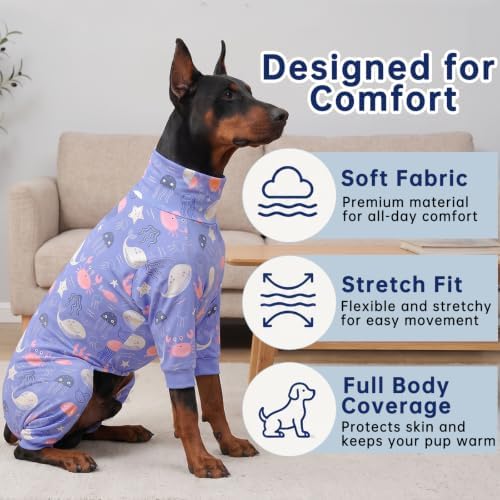 Dog Pajamas for Medium Large Dogs, Soft Stretch Four Legged Dog Onesie, Cute Printed Dog Jammies, Cozy Full Body Dog Sleepwear Clothes for Indoor Sleeping - Image 2