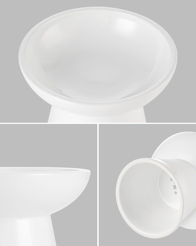 vancasso Elevated Cat Food Bowls 2-Pack, 6.2" Wide Shallow Cat Feeding Bowl for Whisker Fatigue, 5.1" Height Ceramic Raised Food Bowls for Senior Cats, Anti Vomit, White