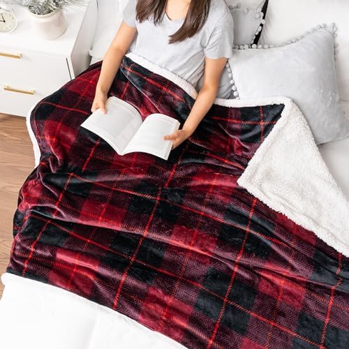 PAVILIA Twin Plaid Sherpa Throw Blanket for Couch Sofa Bed, Black Red 60x80 - Image 3