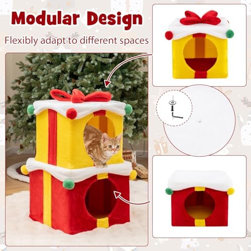 PETSITE Christmas-Themed Gift Box-Shaped Cat House, Stackable 2-Piece Indoor Cat Caves for Kittens, Colorful 2-Story Cat Hideaway Cat Bed for Indoor Cats - Image 6