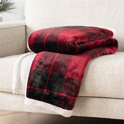 PAVILIA Plaid Sherpa Throw Blanket for Couch Sofa Bed, Black Red, 50x60 - Image 3