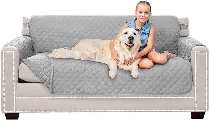 Sofa Shield® Couch Slip Covers for Dogs, Reversible Furniture Protector with Strap, Stain and Tear Resistant Cushion Cover, 62 inch Seat, Machine Washable Slipcover Pets, Cats, Light Gray
