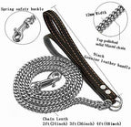 Heavy Duty Stainless Steel Dog Chain Leash, 3FT/4FT/5FT Cuban Link Metal Dog Leashes, for Large Medium Small Dogs, with Genuine Leather Handle (Silver, 3FT)
