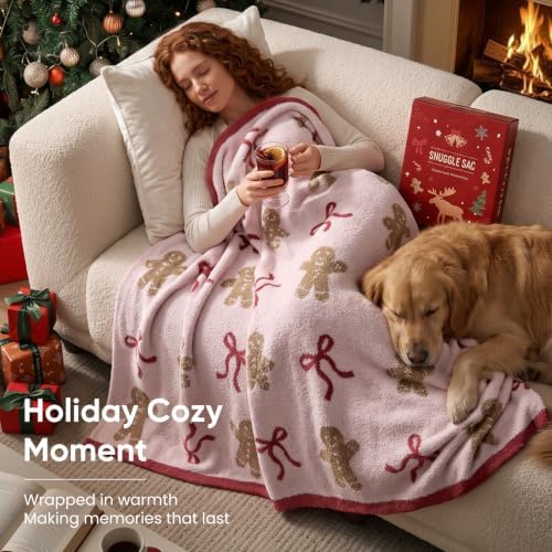 Snuggle Sac Pink Christmas Throw Blanket Gingerbread Man Bow Blanket 50x60 inches, Ultra Soft Cozy Throw Blanket for Couch, Sofa and Bed for Xmas - Image 6