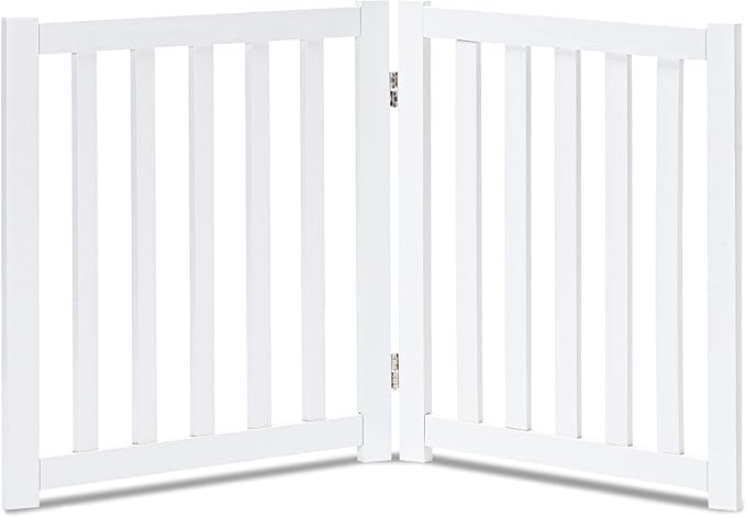 LZRS Wooden Free Standing Foldable Dog Gate Indoor – Solid Hard Wood 40" W x 24" H, Step-Over Safety Pet Gate for Doorways, Stairs & Small Spaces - Indoor Use, White