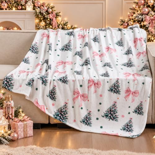FuWeave Pink Bow Christmas Throw Blanket 50 x 60 Inches Xmas Tree Blanket - Image 4