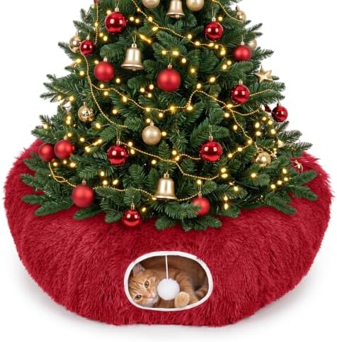 Supet Christmas Cat Tunnel Bed, Plush Tree Skirt with Cushion & Hanging Toy by Supet