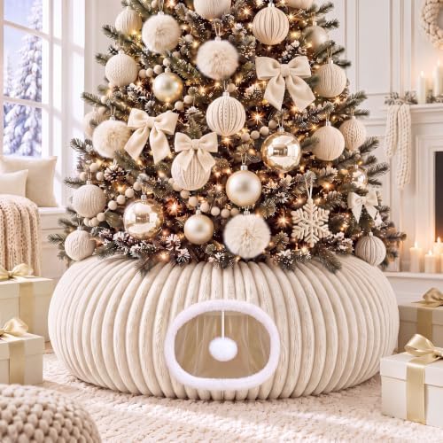 Christmas Tree Cat Tunnel 36 in Donut Bed, Beige, Flannel, Corduroy by SilTriangle