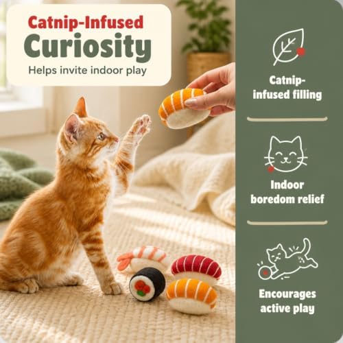 Glaciart One Wool Sushi Cat Toy Set with Catnip, 4 Pcs Cute Felt Cat Toys for Interaction and Boredom Relief, Encourages Exercise, Exploring and Play - Image 4