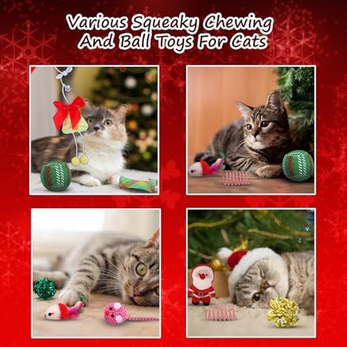 Christmas Stocking Cat Toys - 12Pcs Interactive Set for Cats with Squeaky Toys, Balls, Cat Teasers - Image 4