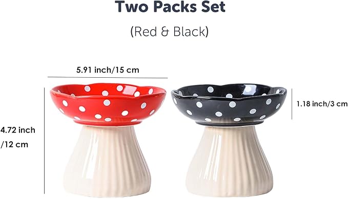 Mushroom Cat Bowl, Raised Ceramic Cat Food Dish for Whisker Fatigue, Forest Style Pet Water Bowl, Elevated Tilted Neck Protection Feeder for Indoor Cats & Small Dogs (Red & Black)
