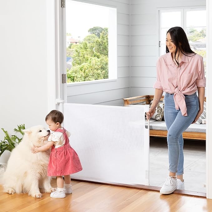 Retractable Baby Gate Perma Child Safety 33" Tall x 71” Wide, Mesh, for Stairs, Doorways, Dogs, Pets, Indoor, Outdoor, One-Handed Operation, Locking, Easy Install, Hardware Mount, White