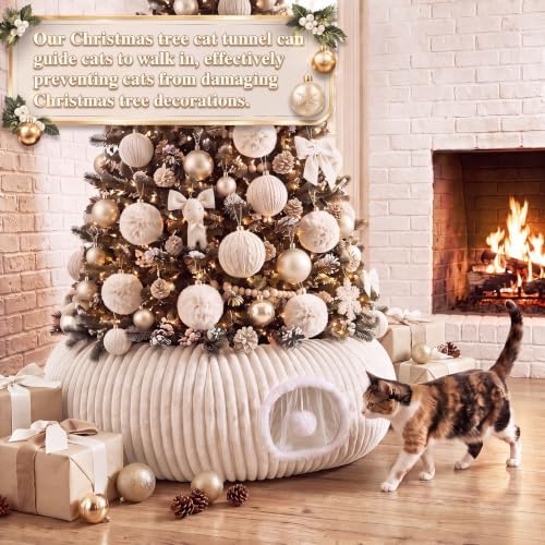 Christmas Tree Cat Tunnel 36 in Donut Bed, Beige, Flannel, Corduroy - Image 2