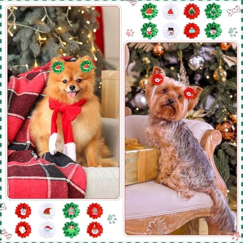 150 Pcs Christmas Dog Hair Bows Puppy Hair Bows Flower with Rubber Bands Bulk Curly Dog Accessories for Xmas Grooming Pet Favor Gift - Image 5