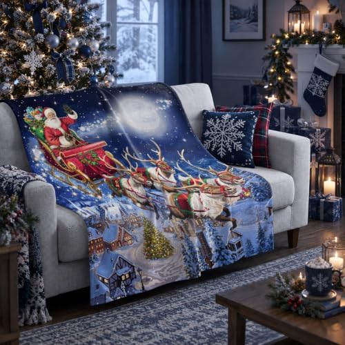 Neasow Christmas Throw Blanket, Santa Claus and Reindeer Sleigh Christmas Eve Moon Design Soft Fuzzy Cozy Flannel Blanket Gift for Family and Friends Home Sofa Couch Chair Decorative 50x60 Inch - Image 4